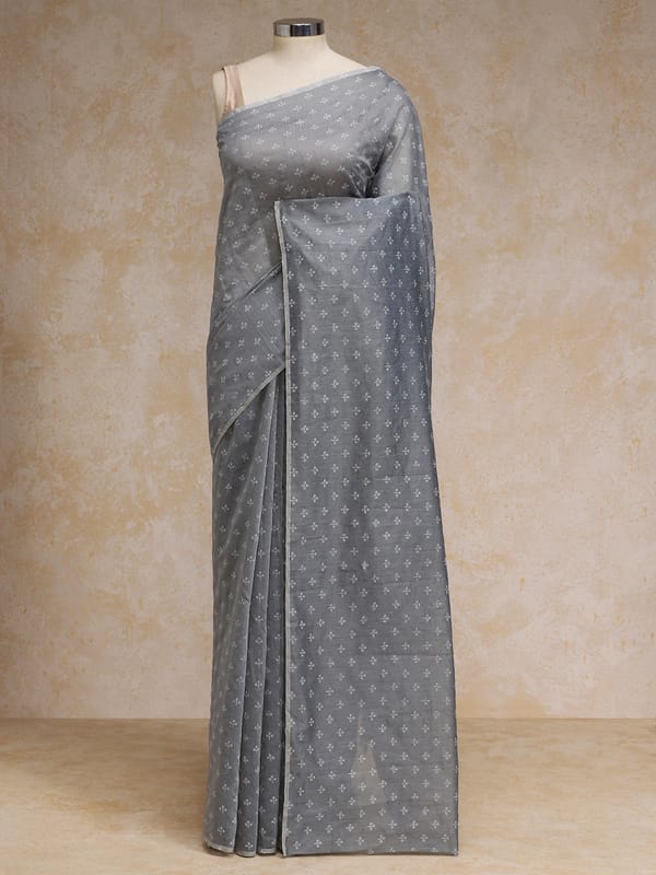 Grey Cotton Saree White Butti Print Rozaana — BINKS