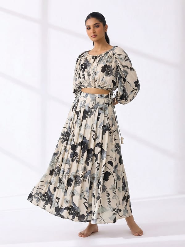 Monocrome Bloom Drape Skirt Set — SURABHI ARYA