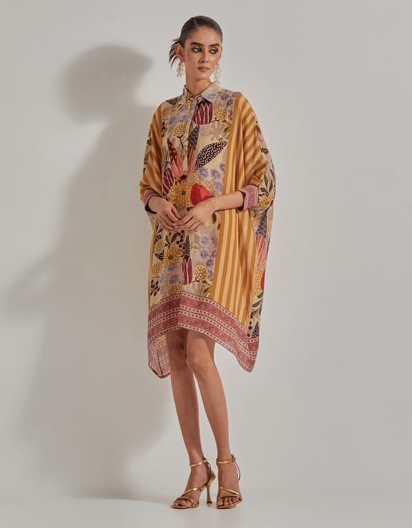 Beige Printed Baggy Tunic Kurta with Collar — Kavita Bhartia