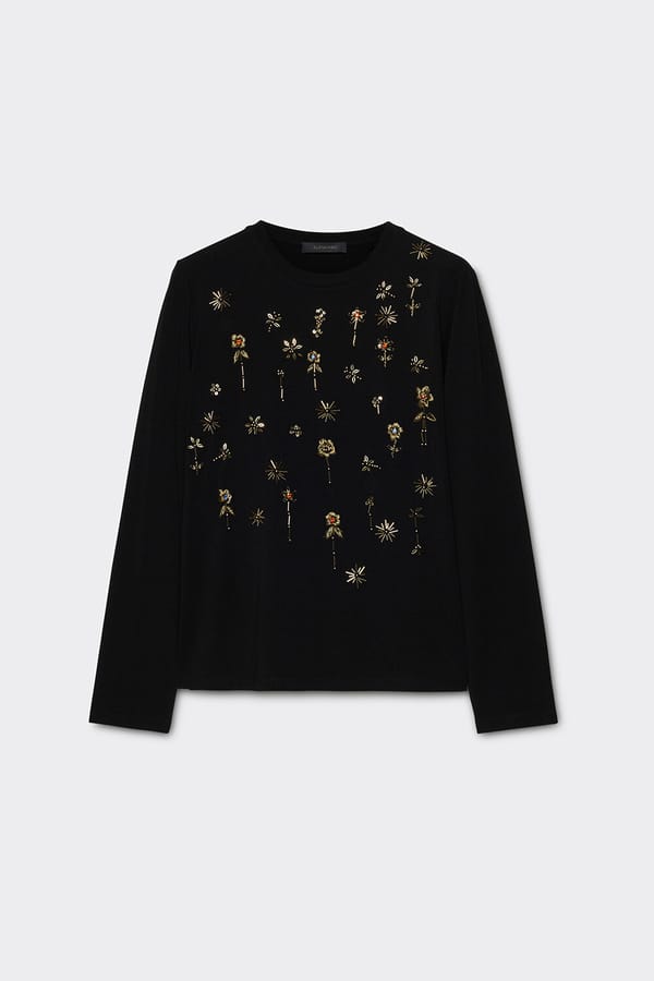 Black Embellished Long Sleeve Round Neck T-Shirt — ELENA MIRO