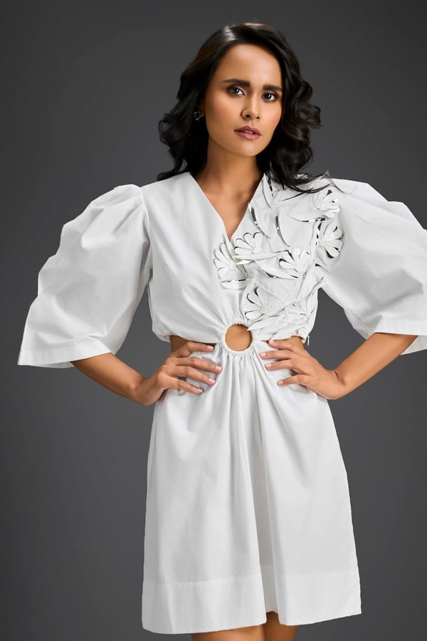 White Puff Sleeves V-Neck 3D Embellished Dress — Deepika Arora