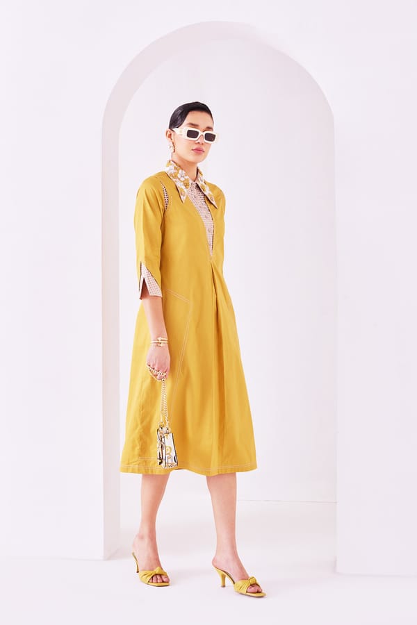 Ochre Cotton Midi Dress with Embroidered Collar — Our Love