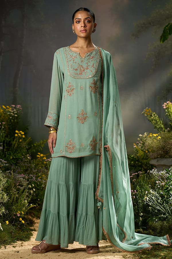 Granite Green Zari-Embroidered Sharara Kurta Set — Ganga Fashions Pvt Ltd