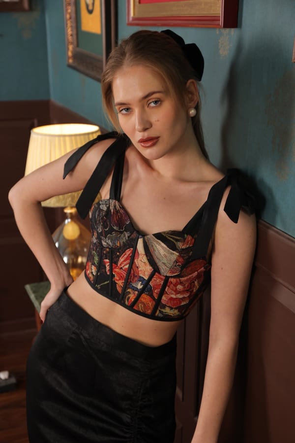 Black Floral Tapestry Corset Top with Lace-Up Back — LABEL MUSLIN