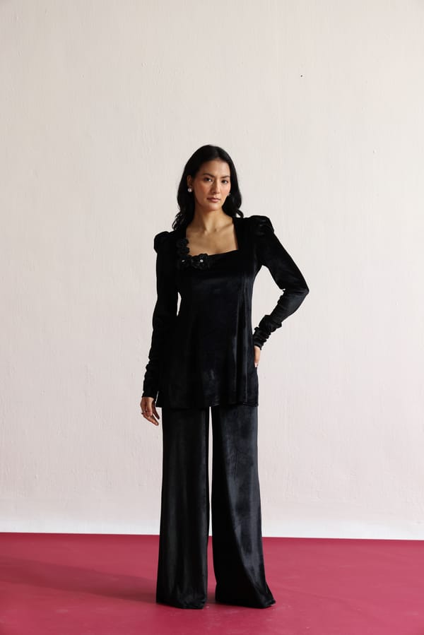 Black Velvet Co-ord Set with Embellished Square Neck — Designs by Queen Bee