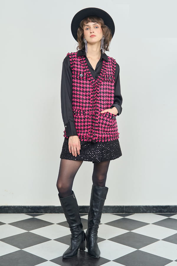 Hot Pink and Black Houndstooth Tweed Co-ord Set — AVERIE