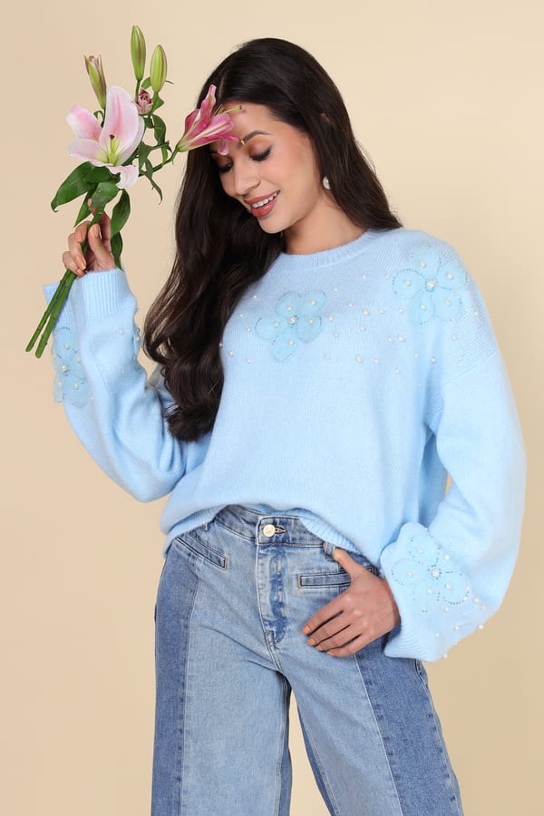 Light Blue Applique and Pearl-Detail Pullover Sweater — HATUN ATILA