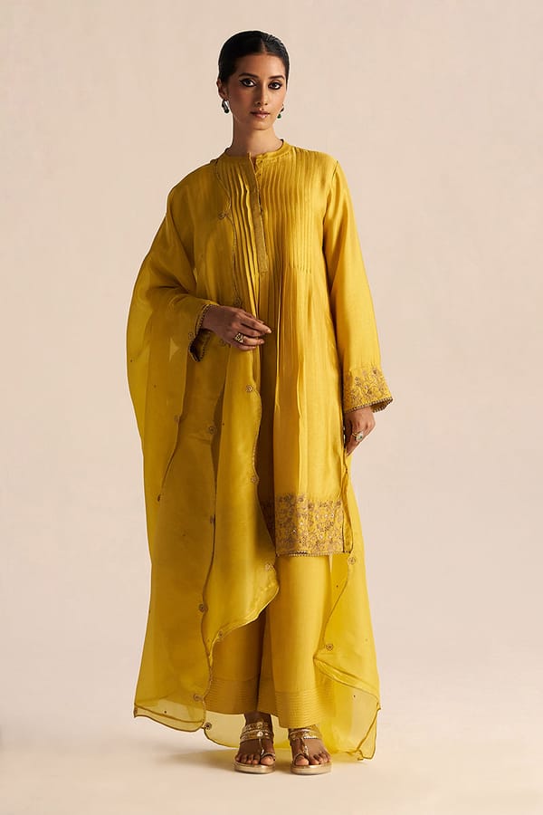 Bamboo Yellow A-Line Kurta Set with Zari Border — Ganga Fashions Pvt Ltd