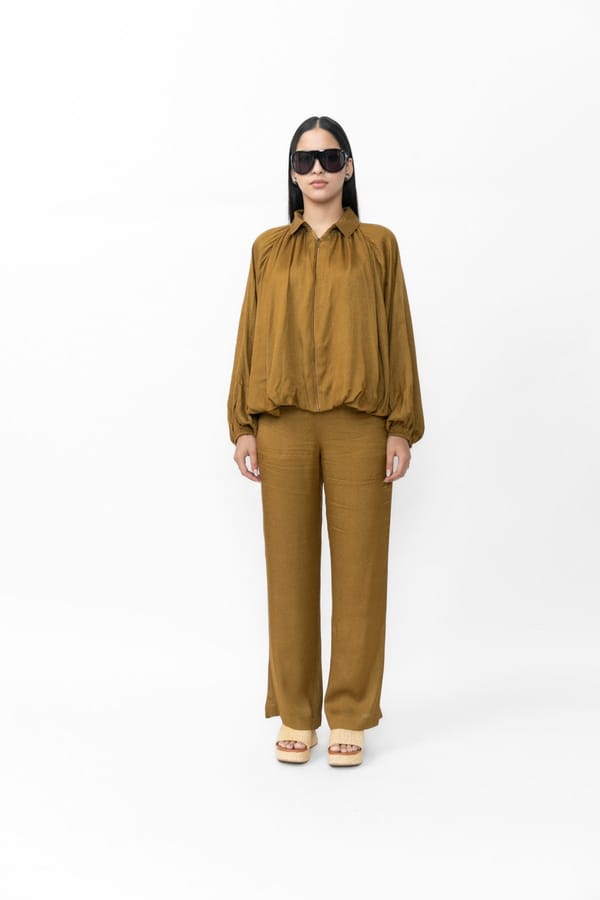 Mustard Mid-Rise Straight-Leg Trousers in Viscose Jacquard — Contemponari