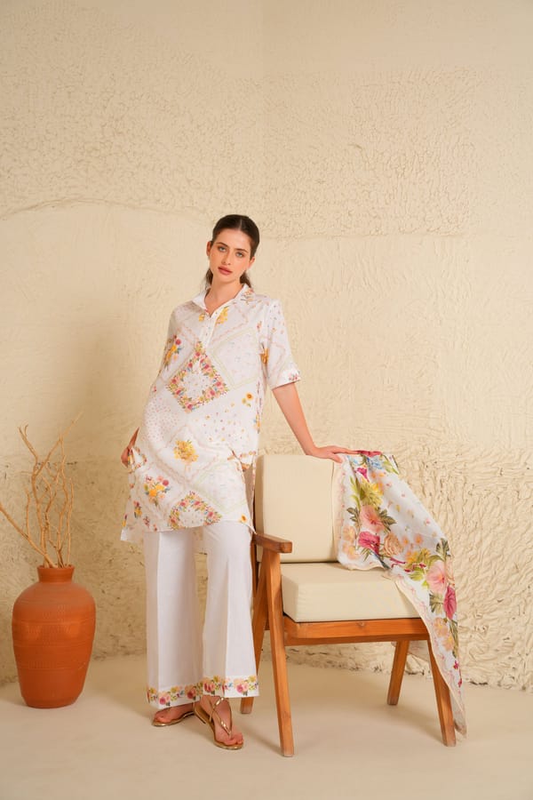 White Floral Printed Shirt-Collar Kurta Set with Trousers — Moh India