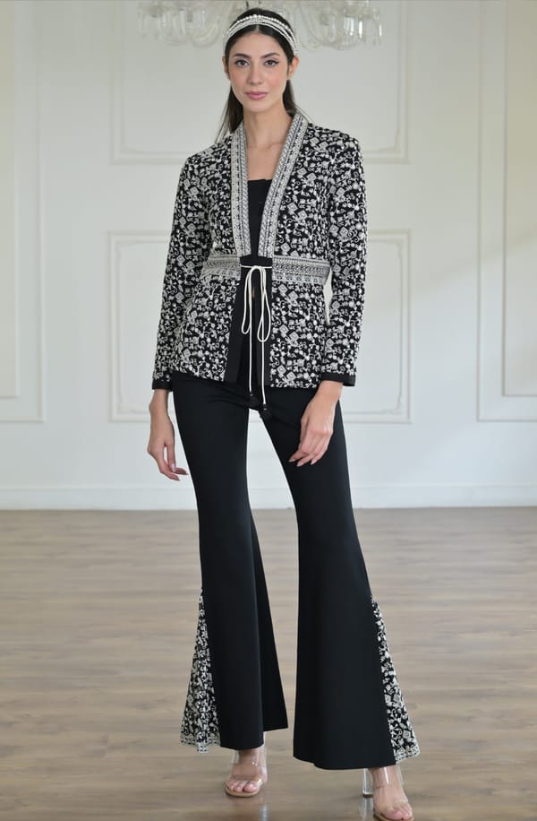 Black & White Embroidered Belted Jacket Set — OMBRELLO
