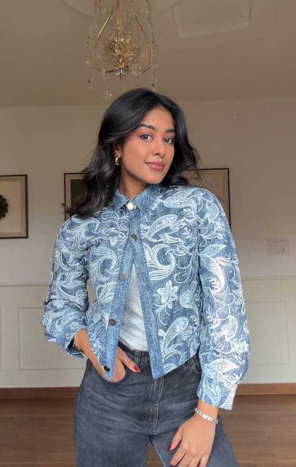 Blue Cropped Denim Jacket with Embroidery and Sequin Detail — Style Island