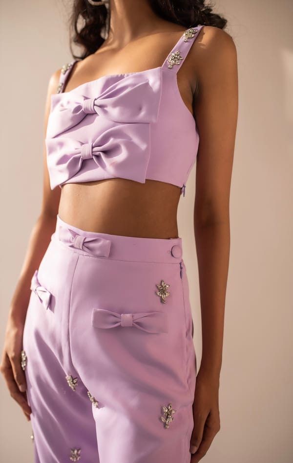 Mauve Cropped Bow-Detail Top with Embellished Straps — MAGIA
