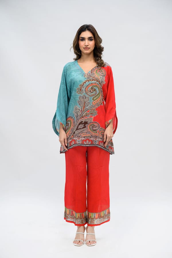 Red and Aqua Paisley Printed Co-ord Set with Wide-Leg Pants — Chakkraa