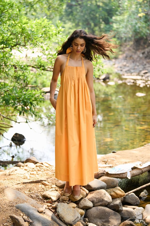 Yellow Cotton Poplin Halter Maxi Dress with Pleated Bib — Dash and Dot