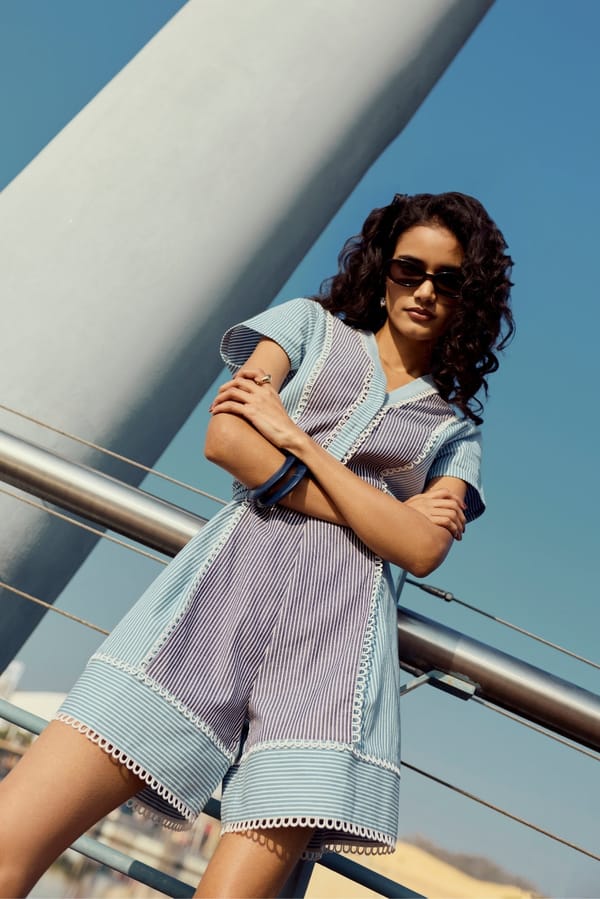 Light Blue Striped Lace Trim Playsuit with Waist Tie — Muvazo