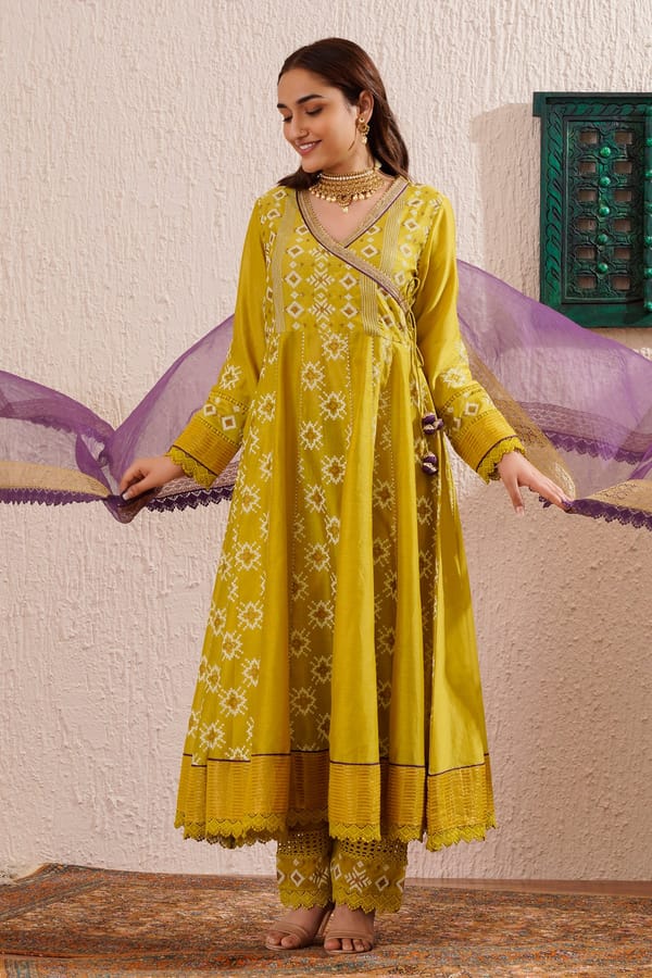 Block Printed Angrakha Kurta Set With Dupatta — Omi Clothing