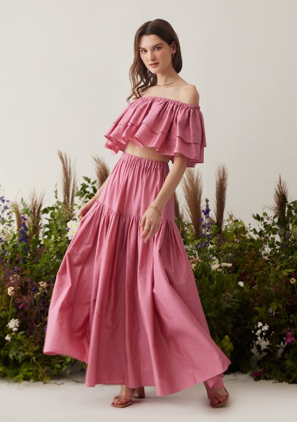 Pink Off-Shoulder Ruffled Top and Maxi Skirt Co-ord Set — AMOSHI
