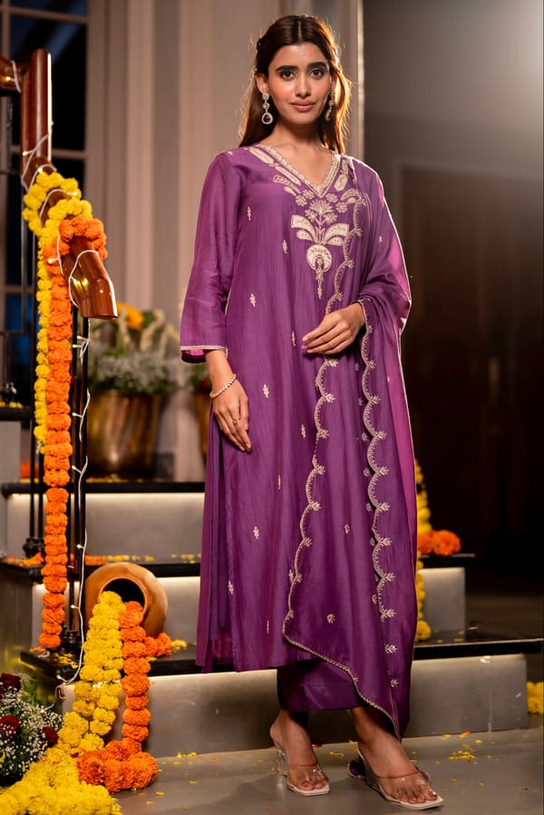 Purple Marodi with Thread Work Mul Chanderi Suit Set with Scallop Marodi Work Dupatta-SET OF-3 — MAHEE JAIPUR