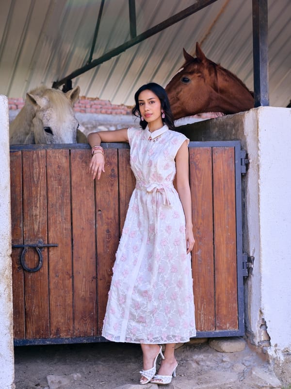 White Floral Applique Sleeveless Midi Shirt Dress — Style Island