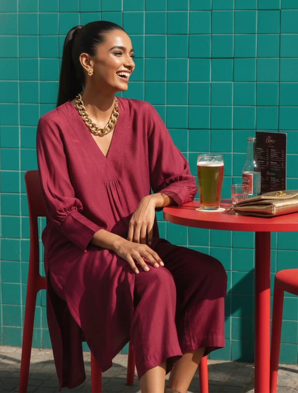 Maroon Silk Blend V-Neck Puff Sleeve Kurta Pant Set — Truebrowns