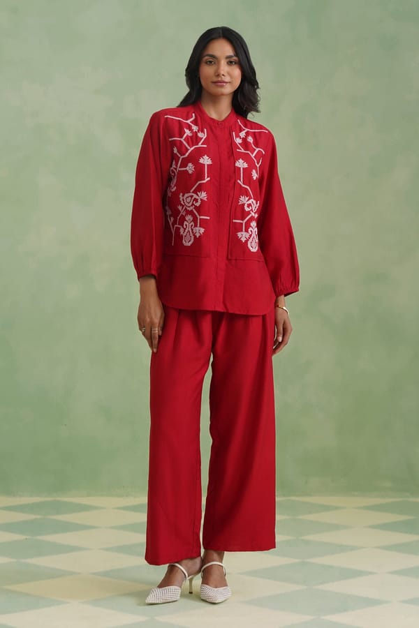 Crimson Vine Embroidered Co-Ord Set — KORAH STITCH