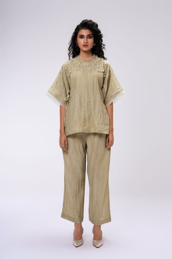 Beige Pearl-Embellished Co-ord Set with Wide-Leg Pants — KOR