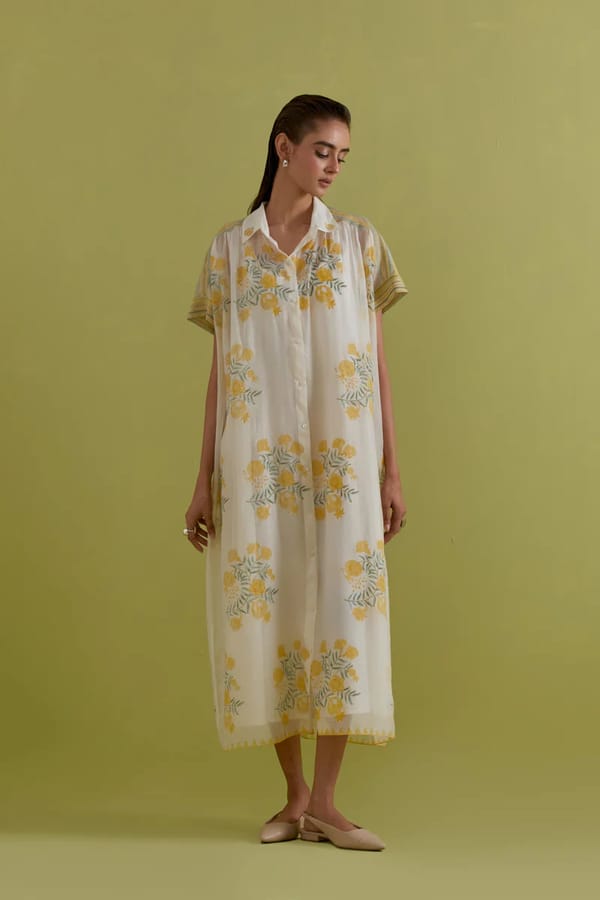 Off White Hand Block Printed Long Dress — Upavita