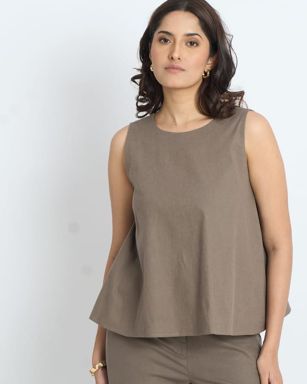 Taupe Sleeveless A-Line Cotton Top with Back Buttons — Loma Naturally