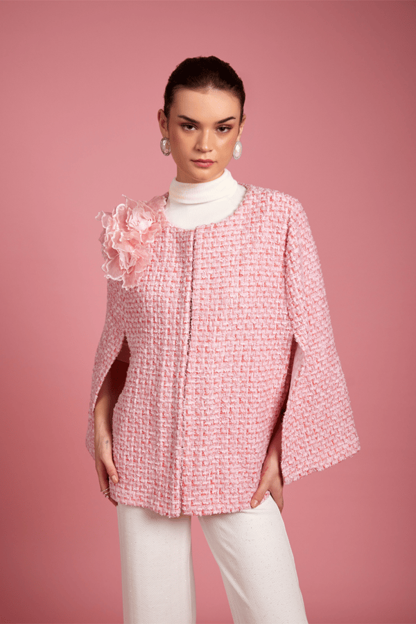Pink Tweed Cape with 3D Floral Shoulder Detail — AVERIE