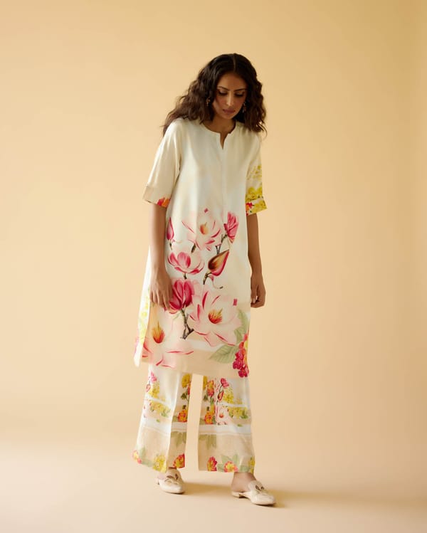 White Floral Printed Relaxed Fit Straight Tunic Kurta — Moh India