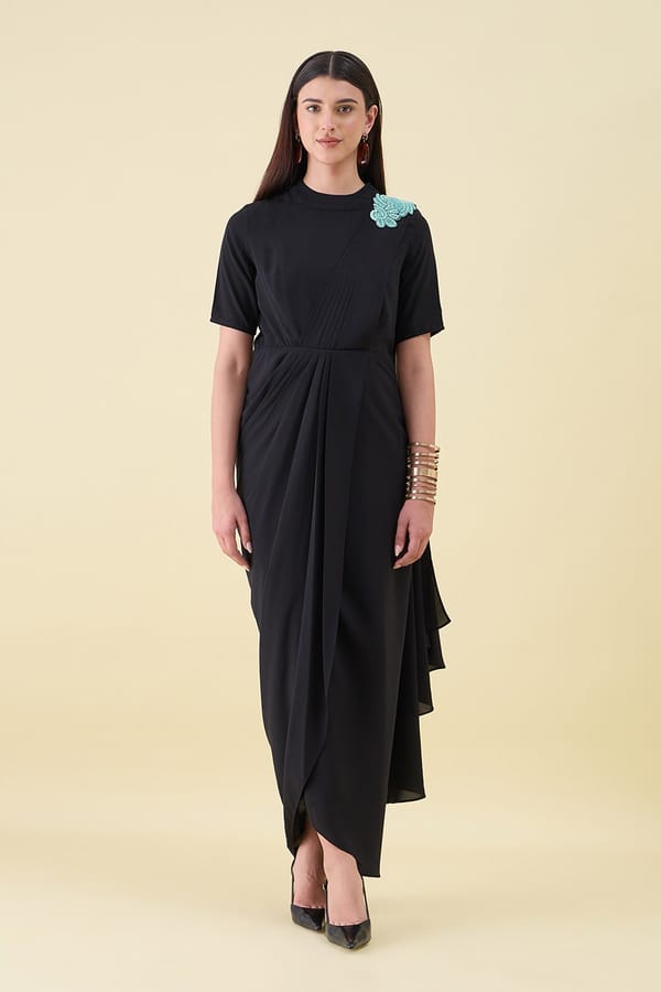 Black Embroidered Pre-Draped Saree Dress — Aakaar