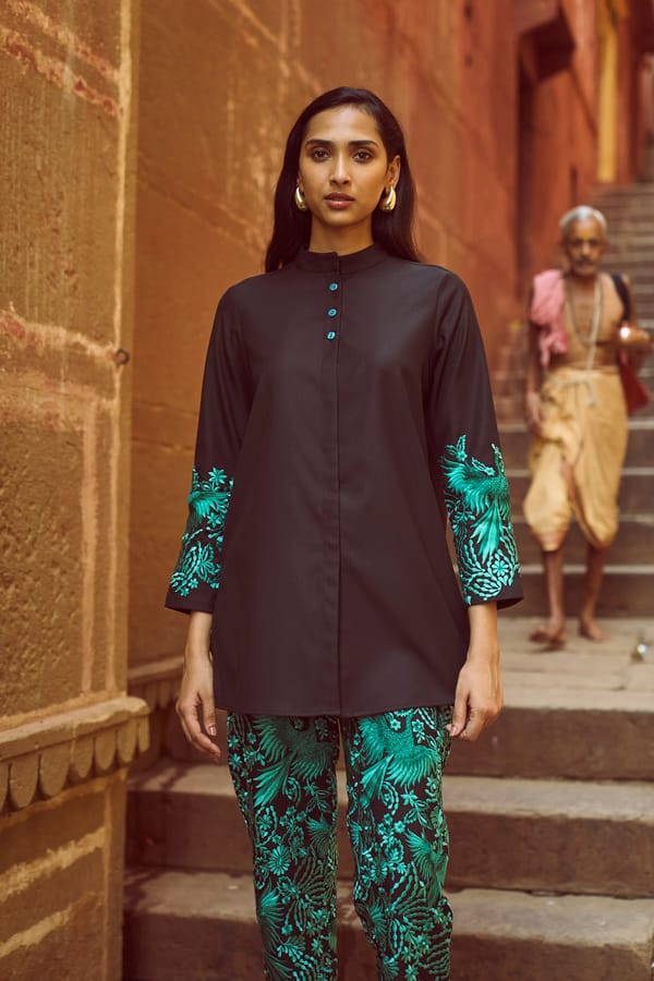 Black Mandarin Collar Shirt with Embroidered Cuffs — Dash and Dot