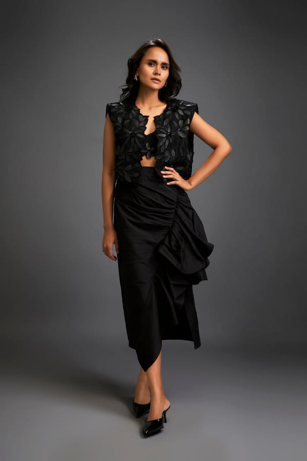 Floral Applique Cropped Top With Asymmetric Ruched Skirt — Deepika Arora