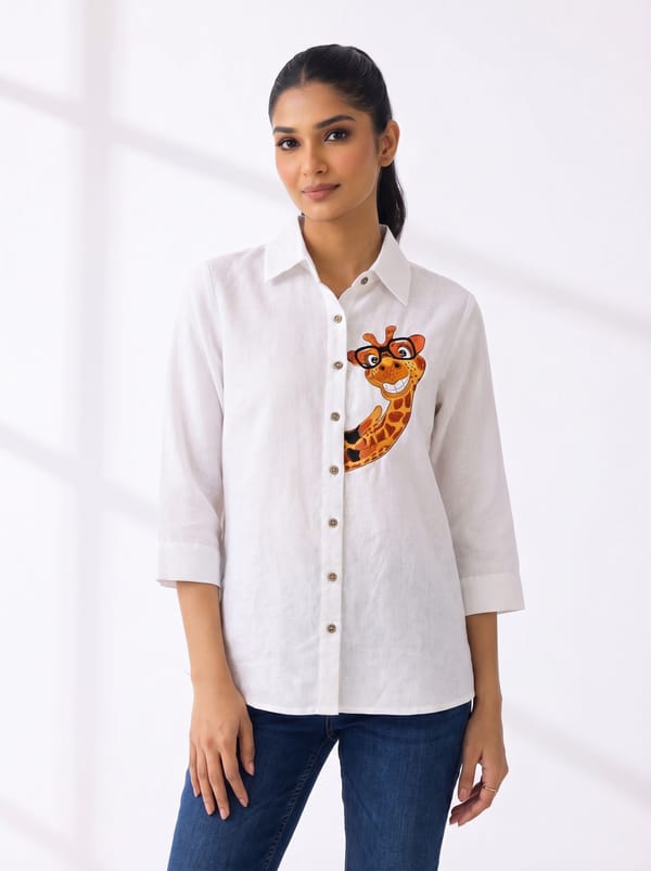 White Linen Shirt with Giraffe Patch — Linen Bloom