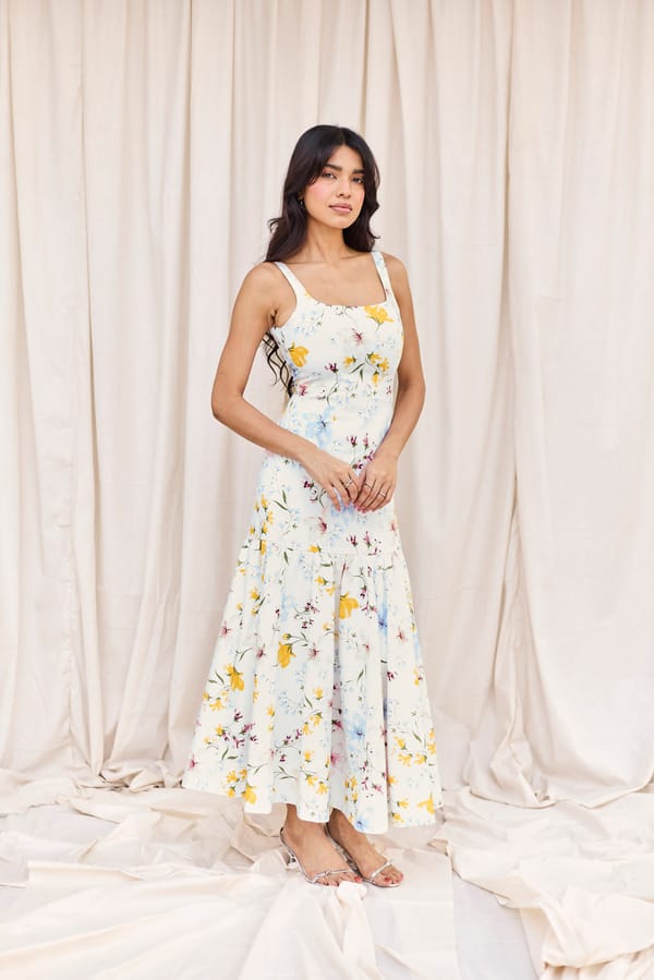 White Floral Fit & Flare Midi Dress — Urban Suburban