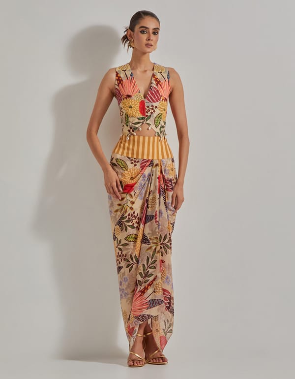Beige Printed Waistcoat and Draped Maxi Skirt Co-ord — Kavita Bhartia