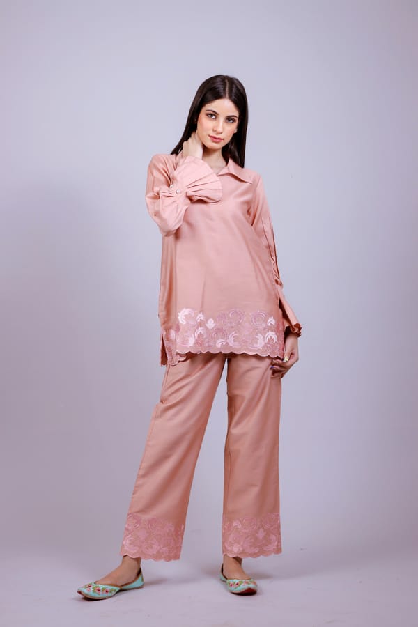 Salmon Pink Cotton Embroidered Co-ord Set — NEETIKA CHOPRA