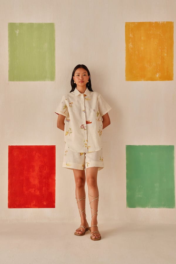 Cream Cotton-Linen Illustrated Print Short Sleeve Shirt — Sage by Mala