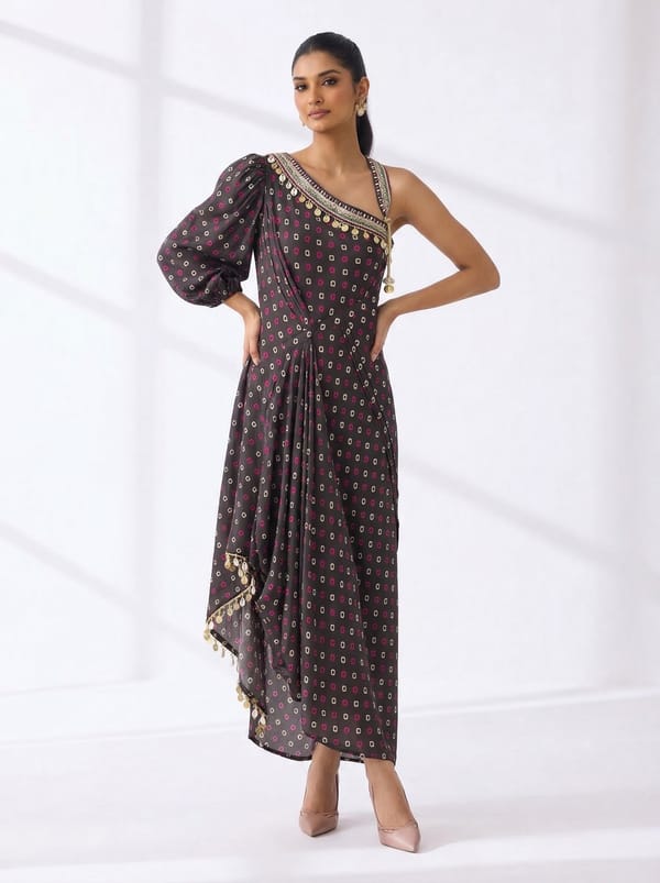 Black One-Shoulder Geometric Print Midi Dress — BUMBLEBEE