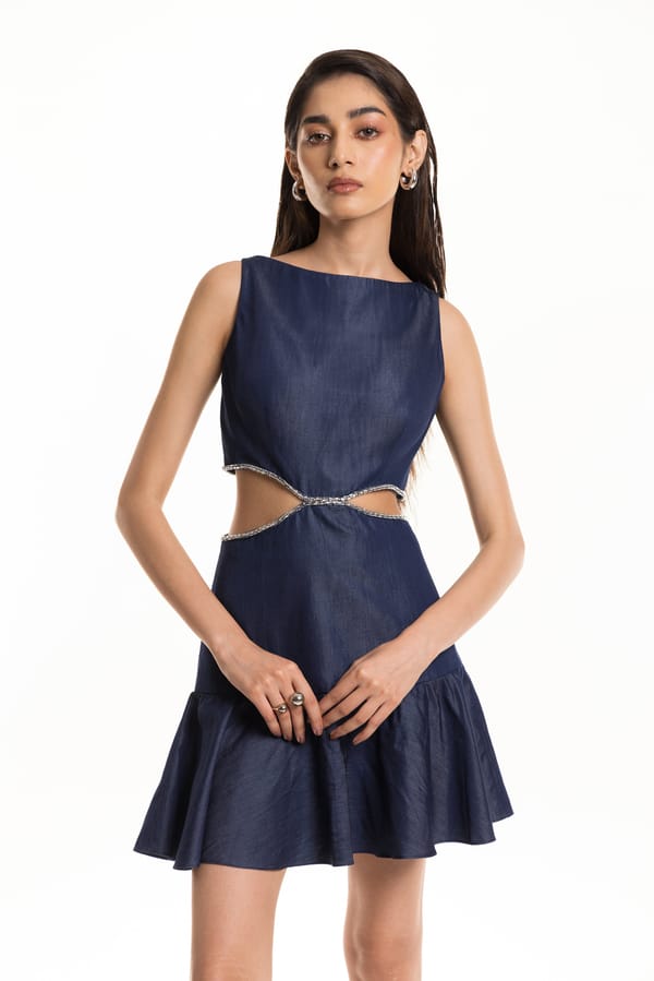 Denim Blue Cutout Waist Fit and Flare Mini Dress — Studio MuGu