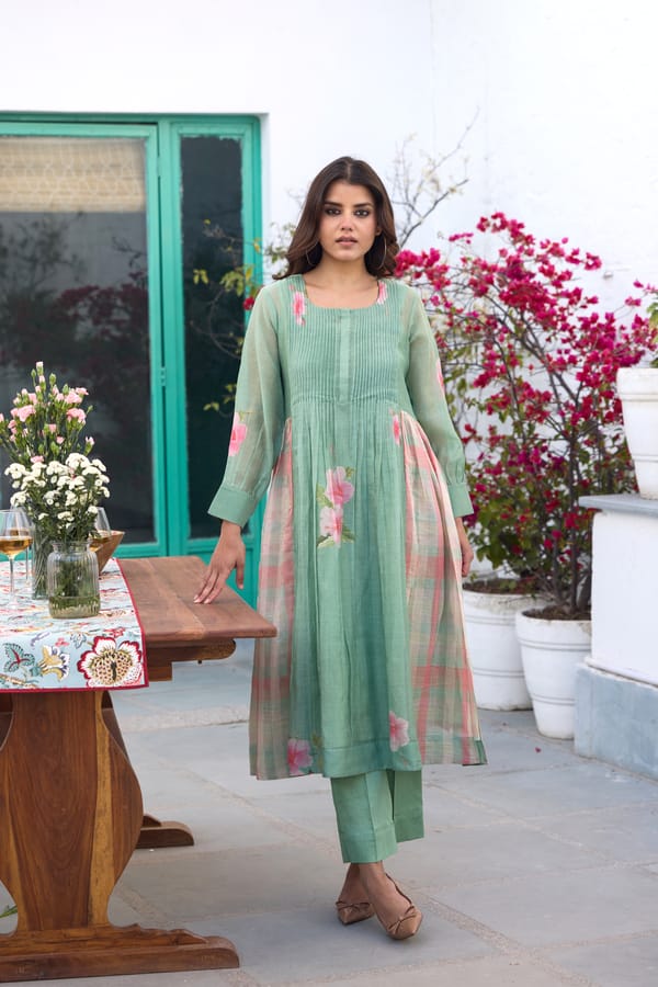 Sage Green Hand-Painted Floral Chanderi Kurta Set — Trendy Tokari