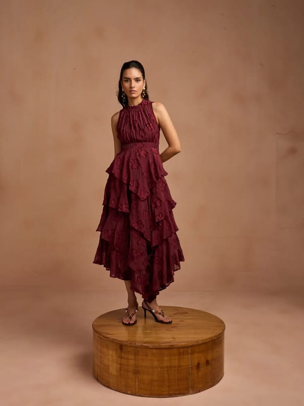 Wine Jacquard Tiered Midi Dress — Style Island