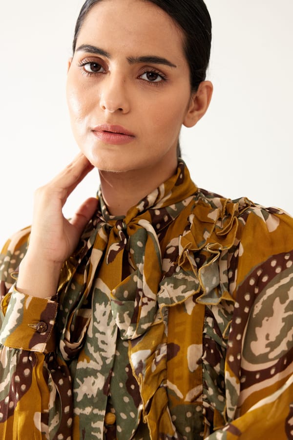 Mustard And Olive Floral Frill Top — KoAi