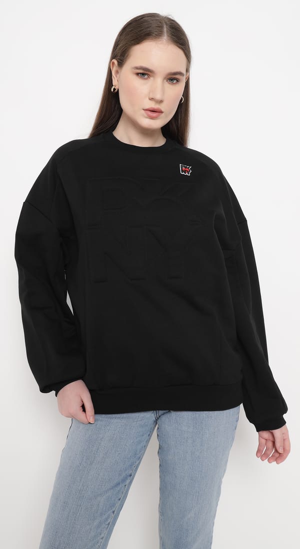 Black Relaxed-Fit Crewneck Sweatshirt with Tonal Lettering — DKNY