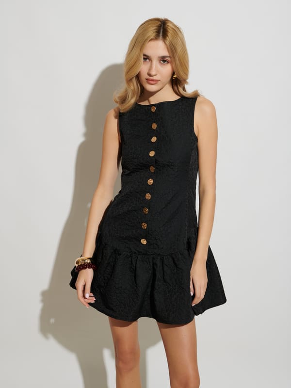 Black Textured Button-Front Fit and Flare Mini Dress — SISTER JANE