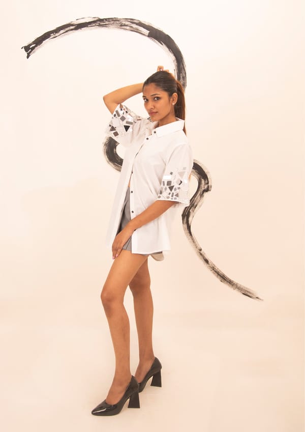 White Cotton Shirt with Mirror Embroidery — Richa Goenka