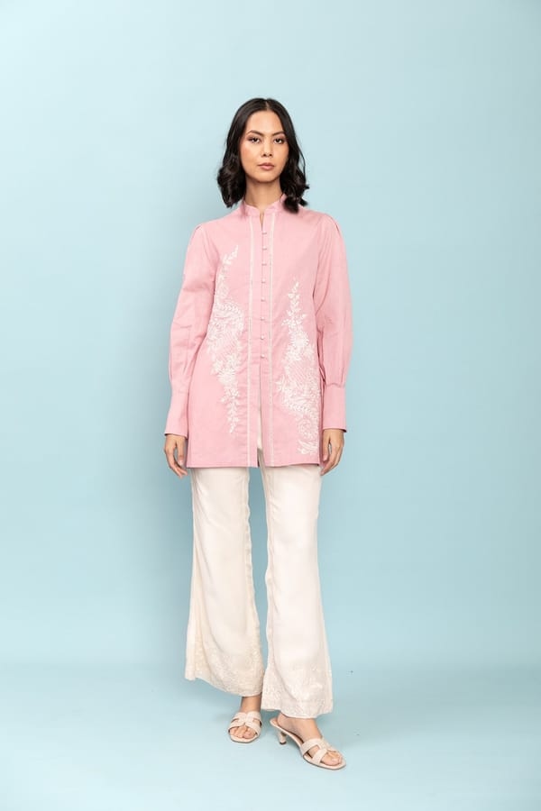 Pink Cotton Flex Longline Shirt with Pearl Embellishments — LABEL NAARITI