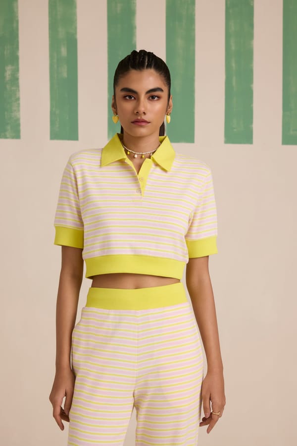 Lime Striped Crop Polo and Straight Pants Co-ord Set — Muvazo