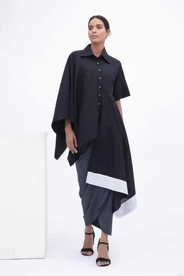 Black and White Asymmetrical Button-Down Shirt Tunic — Aakaar